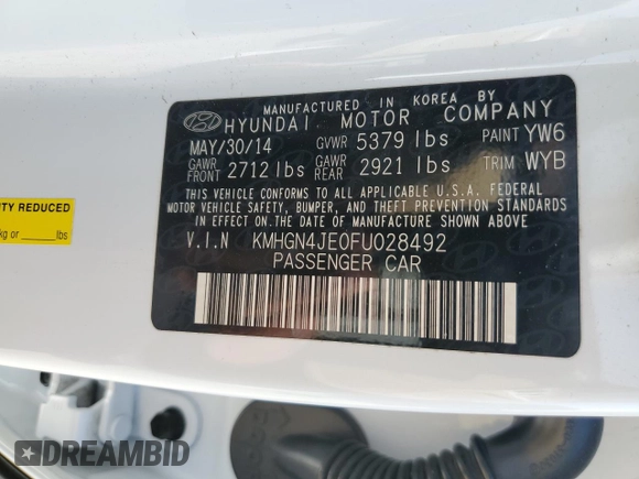 2015 Hyundai Genesis 3.8L with VIN KMHGN4JE0FU028492, listed as a Copart auction lot 48904625 with 137,715 mi miles and Salvage Title. Bid and sale history available at carsss.com. Image 12.