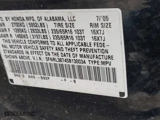 2005 Honda Odyssey EX-L with VIN 5FNRL38745B130034, listed as a IAAI auction lot 41800841 with 266,620 mi miles. Bid and sale history available at carsss.com. Image 9.
