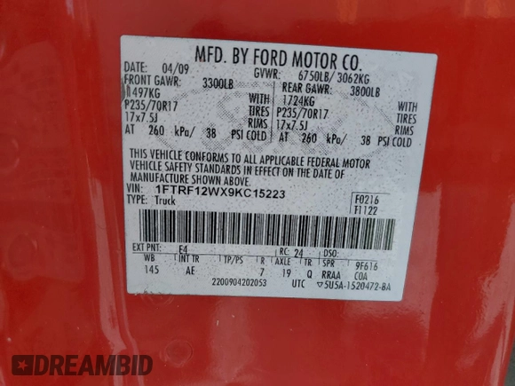 2009 Ford F-150 XL with VIN 1FTRF12WX9KC15223, listed as a Copart auction lot 56730825 with Not provided miles and Salvage title. Bid and sale history available at DreamBid. Image 12.