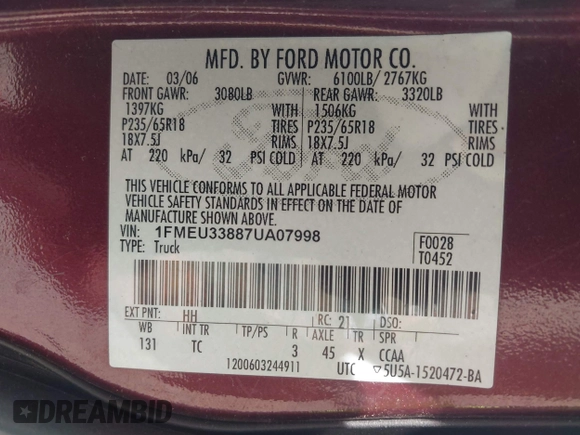 2007 Ford Explorer Sport Trac Limited with VIN 1FMEU33887UA07998, listed as a IAAI auction lot 42506322 with 197,203 mi miles and . Bid and sale history available at DreamBid. Image 9.