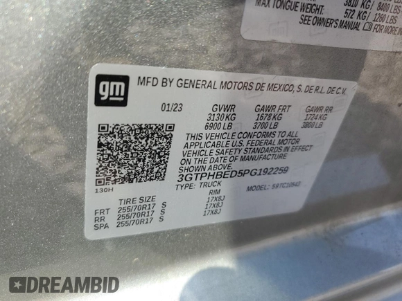 2023 GMC Sierra 1500 with VIN 3GTPHBED5PG192259, listed as a Copart auction lot 72525054 with 25,153 mi miles and Salvage Title. Bid and sale history available at DreamBid. Image 12.
