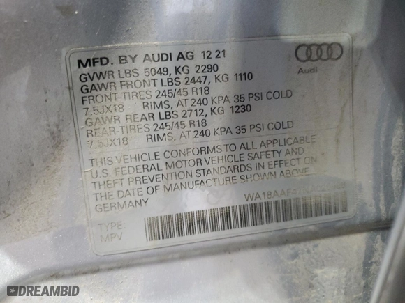 2022 Audi A4 allroad Premium Plus with VIN WA18AAF47NA020998, listed as a Copart auction lot 45378805 with 36,416 mi miles and Salvage Title. Bid and sale history available at carsss.com. Image 12.