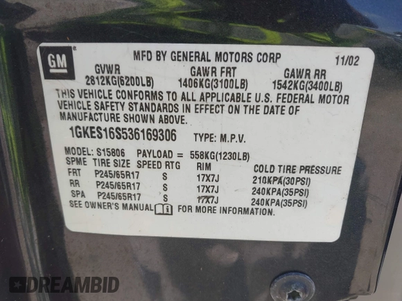 2003 GMC Envoy SLT with VIN 1GKES16S536169306, listed as a IAAI auction lot 42234834 with 239,144 mi miles and . Bid and sale history available at DreamBid. Image 9.
