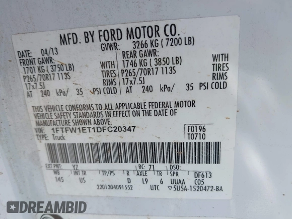 2013 Ford F-150 XL with VIN 1FTFW1ET1DFC20347, listed as a IAAI auction lot 42067294 with 168,596 mi miles. Bid and sale history available at carsss.com. Image 9.