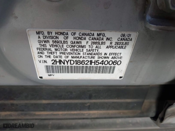 2001 Acura MDX Touring Pkg with VIN 2HNYD18621H540060, listed as a IAAI auction lot 41907495 with 1 mi miles. Bid and sale history available at carsss.com. Image 8.