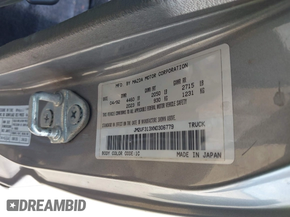 1992 Mazda B-Series Truck with VIN JM2UF313XN0306779, listed as a IAAI auction lot 42104583 with 137,826 mi miles and . Bid and sale history available at DreamBid. Image 9.