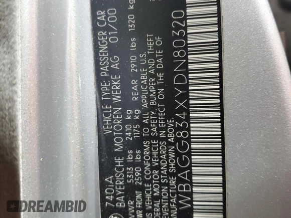 2000 BMW 7 Series 740i with VIN WBAGG834XYDN80320, listed as a Copart auction lot 54906225 with 284,262 mi miles and Salvage Title. Bid and sale history available at DreamBid. Image 12.