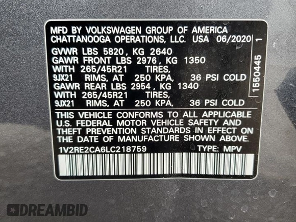 2020 Volkswagen Atlas SEL R-Line with VIN 1V2RE2CA6LC218759, listed as a Copart auction lot 88995435 with 61,609 mi miles and Salvage title. Bid and sale history available at DreamBid. Image 13.