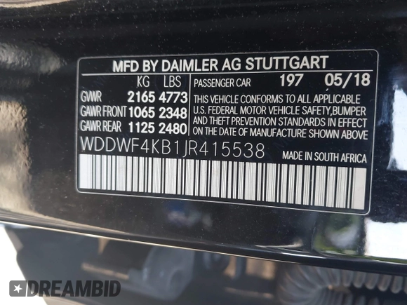 2018 Mercedes-Benz C 300 with VIN WDDWF4KB1JR415538, listed as a IAAI auction lot 42084148 with 84,265 mi miles and . Bid and sale history available at DreamBid. Image 9.