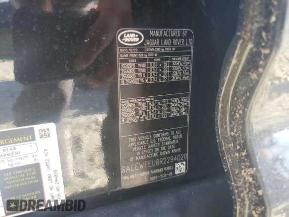 2024 Land Rover Defender with VIN SALEWFEU8R2294020, listed as a Copart auction lot 75290774 with 1,451 mi miles and Salvage title. Bid and sale history available at DreamBid. Image 13.