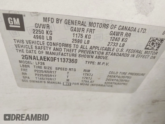 2015 Chevrolet Equinox LS z VIN 2GNALAEK0F1137360, wystawiony jako IAAI lot #42360941 z przebiegiem 227 789 mil mil oraz . Historia ofert i sprzedaży dostępna na DreamBid. Obrazek 9.
