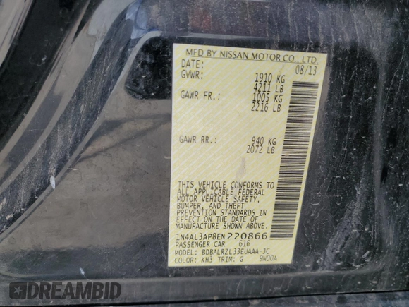 2014 Nissan Altima 2.5 with VIN 1N4AL3AP8EN220866, listed as a Copart auction lot 53088255 with 106,166 mi miles and Clean Title. Bid and sale history available at DreamBid. Image 12.
