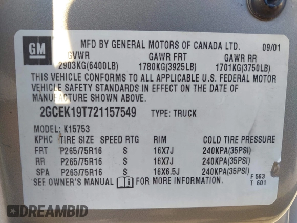 2002 Chevrolet Silverado 1500 LT with VIN 2GCEK19T721157549, listed as a IAAI auction lot 41636702 with 271,859 mi miles. Bid and sale history available at carsss.com. Image 9.