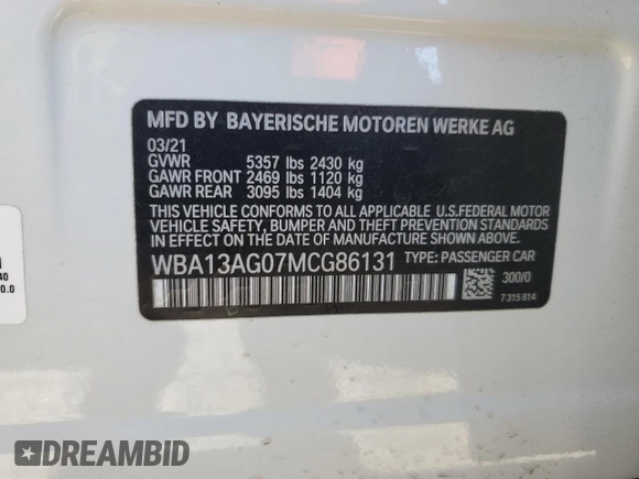 2021 BMW 5 Series 530e with VIN WBA13AG07MCG86131, listed as a Copart auction lot 81957964 with 39,405 mi miles and Salvage Title. Bid and sale history available at carsss.com. Image 12.