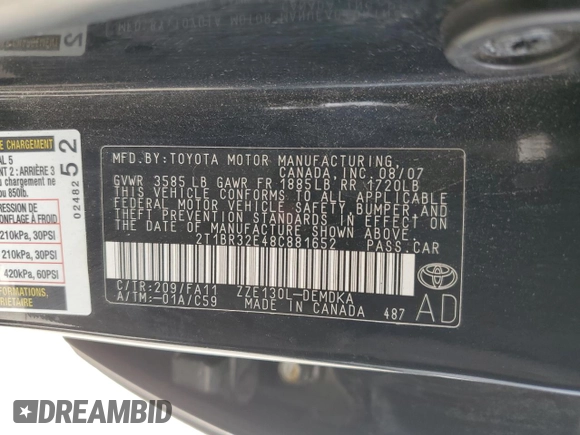 2008 Toyota Corolla CE with VIN 2T1BR32E48C881652, listed as a Copart auction lot 49778445 with 165,992 mi miles and Clean Title. Bid and sale history available at DreamBid. Image 12.