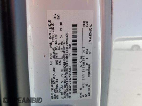 2018 Ford F-150 XL with VIN 1FTEW1CB0JKE47263, listed as a Copart auction lot 51255905 with 209,218 mi miles and Salvage Title. Bid and sale history available at carsss.com. Image 14.