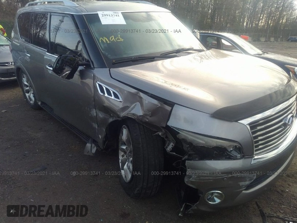 2011 Infiniti QX56 7-passenger with VIN JN8AZ2NE5B9005465, listed as a IAAI auction lot 40454970 with 1 mi miles. Bid and sale history available at carsss.com. Image 1.