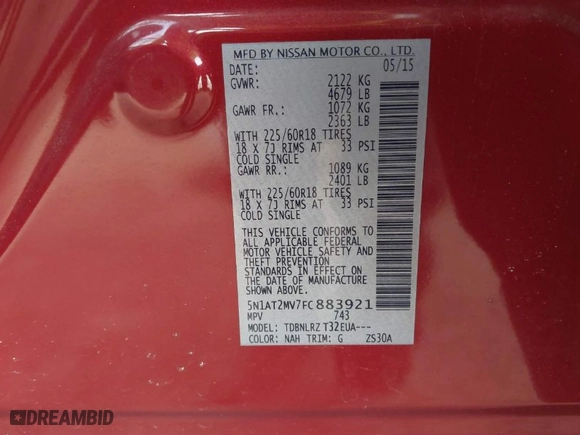 2015 Nissan Rogue SV with VIN 5N1AT2MV7FC883921, listed as a IAAI auction lot 41834687 with 137,768 mi miles. Bid and sale history available at carsss.com. Image 9.