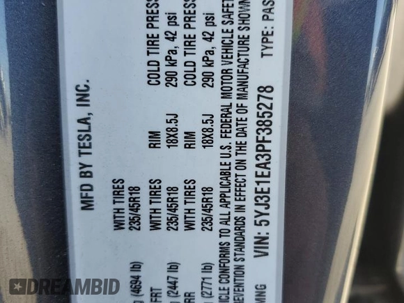 2023 Tesla Model 3 с VIN 5YJ3E1EA3PF385278, выставлен на аукционе Copart как лот 61025115 с пробегом 38 933 миль миль и Списание • Salvage title. История ставок и продаж доступна на DreamBid. Изображение 13.