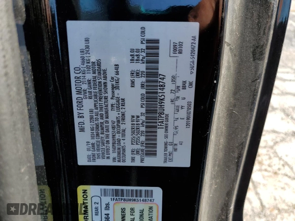 2019 Ford Mustang EcoBoost with VIN 1FATP8UH9K5148747, listed as a Copart auction lot 59944935 with 101,075 mi miles and Salvage title. Bid and sale history available at DreamBid. Image 12.