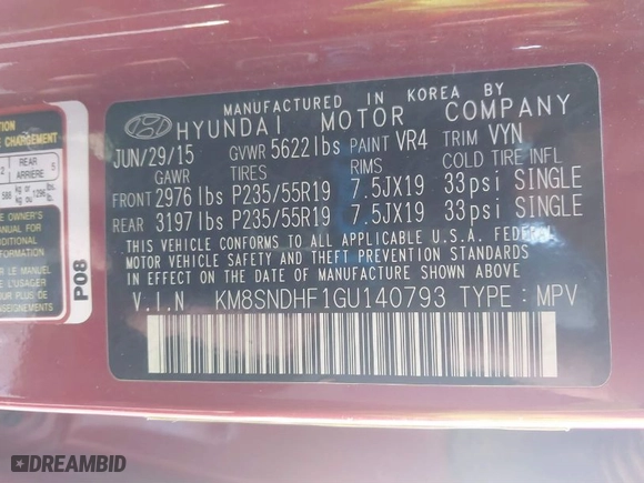2016 Hyundai Santa Fe XL Premium with VIN KM8SNDHF1GU140793, listed as a IAAI auction lot 41586565 with NaN miles. Bid and sale history available at carsss.com. Image 9.