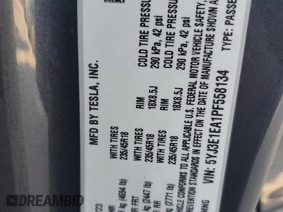 2023 Tesla Model 3 с VIN 5YJ3E1EA1PF558134, выставлен на аукционе Copart как лот 57133275 с пробегом 25 385 миль миль и Списание • Salvage title. История ставок и продаж доступна на DreamBid. Изображение 12.