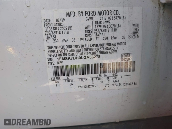 2020 Ford Explorer XLT with VIN 1FMSK7DH0LGA56278, listed as a IAAI auction lot 41836333 with 49,498 mi miles and . Bid and sale history available at carsss.com. Image 9.