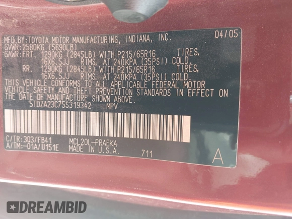2005 Toyota Sienna CE с VIN 5TDZA23C75S319342, выставлен на аукционе IAAI как лот 42359785 с пробегом 189 421 миль миль и . История ставок и продаж доступна на DreamBid. Изображение 9.