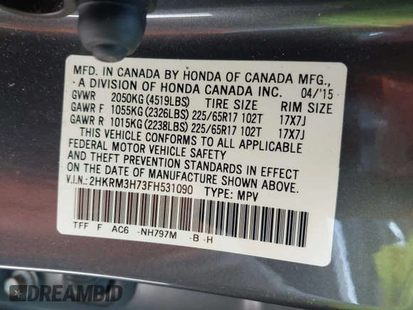2015 Honda CR-V EX-L with VIN 2HKRM3H73FH531090, listed as a IAAI auction lot 41936657 with 150,253 mi miles and . Bid and sale history available at carsss.com. Image 9.