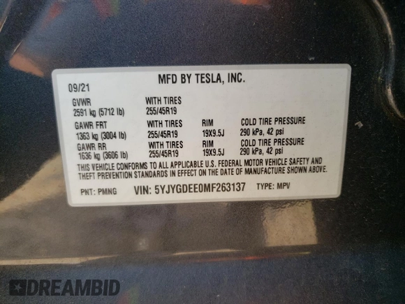 2021 Tesla Model Y Long Range z VIN 5YJYGDEE0MF263137, wystawiony jako Copart lot #57295705 z przebiegiem 63 627 mil mil oraz Szkoda całkowita • Salvage title. Historia ofert i sprzedaży dostępna na DreamBid. Obrazek 12.