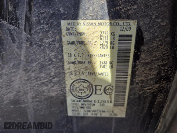 2010 Nissan Pathfinder S with VIN 5N1AR1NB0AC612656, listed as a Copart auction lot 50441015 with 262,117 mi miles and Salvage title. Bid and sale history available at DreamBid. Image 13.