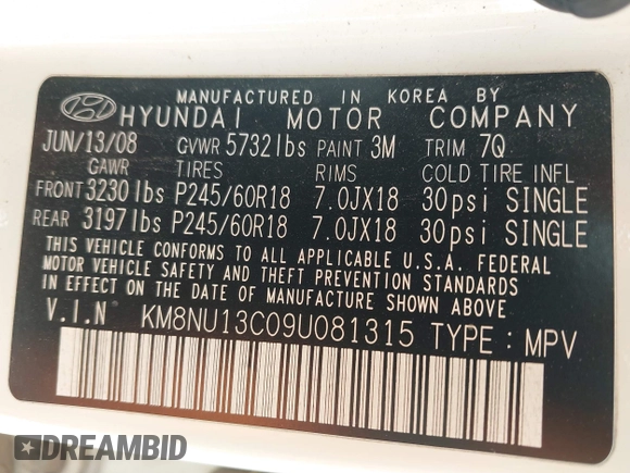2009 Hyundai Veracruz GLS with VIN KM8NU13C09U081315, listed as a IAAI auction lot 42460456 with 160,000 mi miles and . Bid and sale history available at DreamBid. Image 9.