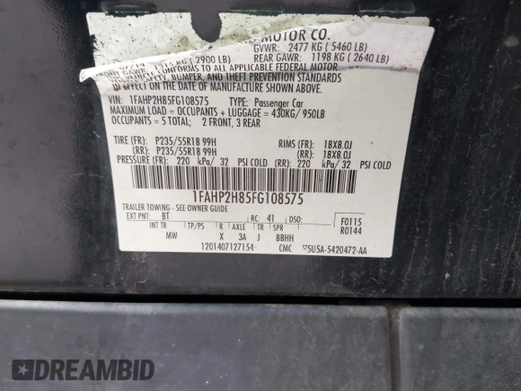 2015 Ford Taurus SEL with VIN 1FAHP2H85FG108575, listed as a IAAI auction lot 42514846 with 209,478 mi miles and . Bid and sale history available at DreamBid. Image 9.