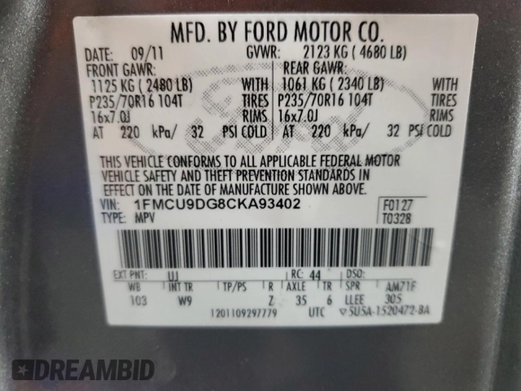 2012 Ford Escape XLT z VIN 1FMCU9DG8CKA93402, wystawiony jako Copart lot #62266845 z przebiegiem 196 779 mil mil oraz Szkoda całkowita • Salvage title. Historia ofert i sprzedaży dostępna na DreamBid. Obrazek 13.