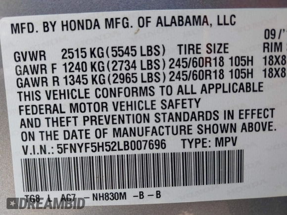 2020 Honda Pilot EX-L z VIN 5FNYF5H52LB007696, wystawiony jako IAAI lot #42065587 z przebiegiem 74 781 mil mil oraz . Historia ofert i sprzedaży dostępna na DreamBid. Obrazek 9.