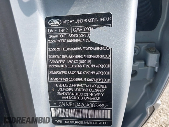 2012 Land Rover Range Rover HSE Lux with VIN SALMF1D42CA383885, listed as a IAAI auction lot 42495606 with 98,821 mi miles and . Bid and sale history available at DreamBid. Image 9.