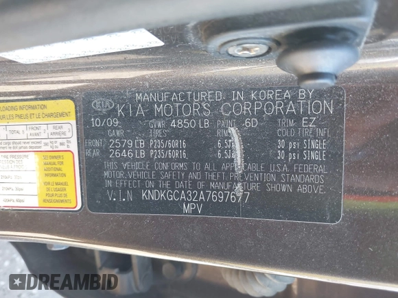 2010 Kia Sportage LX with VIN KNDKGCA32A7697677, listed as a IAAI auction lot 41694920 with 158,212 mi miles and . Bid and sale history available at carsss.com. Image 9.