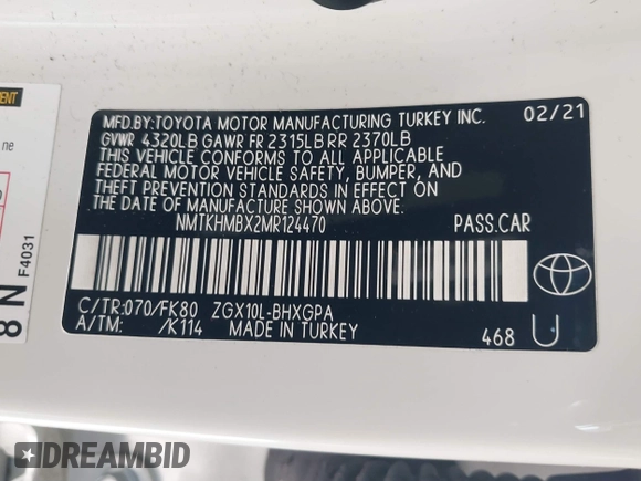 2021 Toyota C-HR LE with VIN NMTKHMBX2MR124470, listed as a IAAI auction lot 41725244 with Not Provided miles. Bid and sale history available at carsss.com. Image 9.