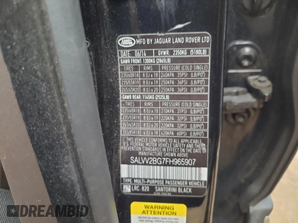 2015 Land Rover Range Rover Evoque Prestige with VIN SALVV2BG7FH965907, listed as a Copart auction lot 72554044 with Not provided miles and Salvage title. Bid and sale history available at DreamBid. Image 14.
