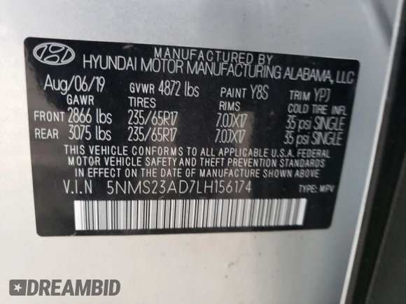 2020 Hyundai Santa Fe SE with VIN 5NMS23AD7LH156174, listed as a Copart auction lot 63015292 with 0 mi miles. Bid and sale history available at carsss.com. Image 10.