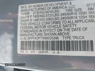 2022 Honda Ridgeline RTL-E with VIN 5FPYK3F73NB035246, listed as a IAAI auction lot 41532768 with 37,116 mi miles and . Bid and sale history available at DreamBid. Image 9.