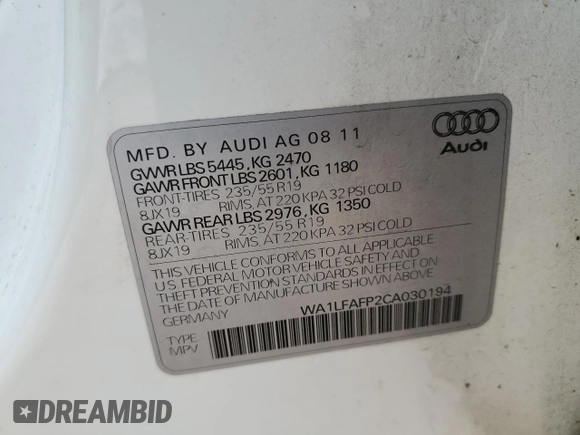 2012 Audi Q5 2.0T Premium Plus with VIN WA1LFAFP2CA030194, listed as a Copart auction lot 51419675 with 174,414 mi miles and Salvage Title. Bid and sale history available at carsss.com. Image 14.