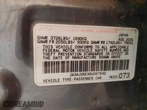 2006 Mitsubishi Lancer ES z VIN JA3AJ26EX6U067642, wystawiony jako Copart lot #51628485 z przebiegiem 163 060 mil mil oraz Szkoda całkowita • Salvage title. Historia ofert i sprzedaży dostępna na DreamBid. Obrazek 14.