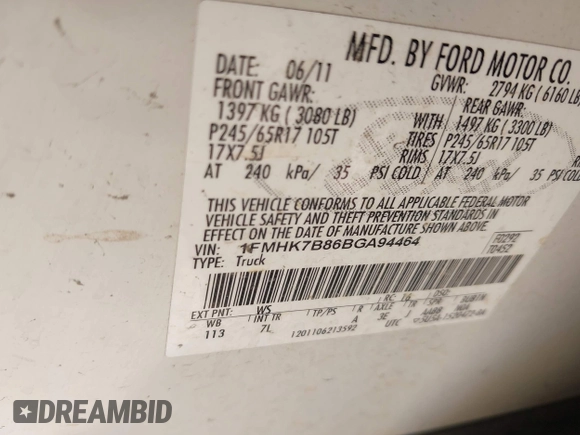 2011 Ford Explorer with VIN 1FMHK7B86BGA94464, listed as a IAAI auction lot 42515402 with 199,154 mi miles and . Bid and sale history available at DreamBid. Image 9.