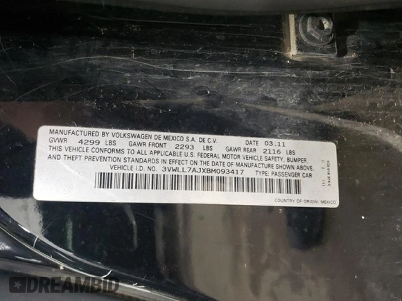 2011 Volkswagen Jetta TDI with VIN 3VWLL7AJXBM093417, listed as a Copart auction lot 57710435 with 104,484 mi miles and Clean title. Bid and sale history available at DreamBid. Image 12.