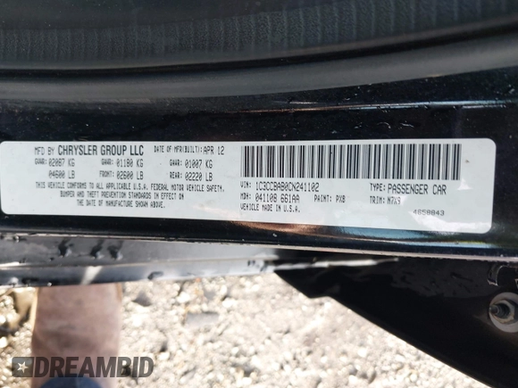 2012 Chrysler 200 LX with VIN 1C3CCBAB0CN241102, listed as a IAAI auction lot 42060219 with 96,052 mi miles and . Bid and sale history available at carsss.com. Image 9.