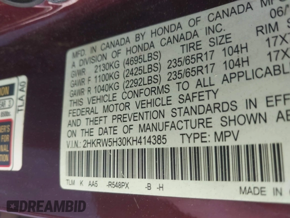 2019 Honda CR-V LX with VIN 2HKRW5H30KH414385, listed as a IAAI auction lot 41869188 with 91,473 mi miles and . Bid and sale history available at DreamBid. Image 9.