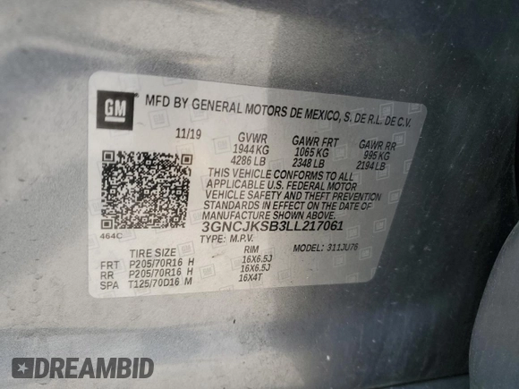 2020 Chevrolet Trax LS with VIN 3GNCJKSB3LL217061, listed as a Copart auction lot 54276875 with 45,201 mi miles and Clean title. Bid and sale history available at DreamBid. Image 13.