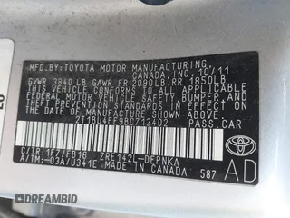 2011 Toyota Corolla L with VIN 2T1BU4EE9BC713402, listed as a IAAI auction lot 42044806 with 121,894 mi miles. Bid and sale history available at carsss.com. Image 9.