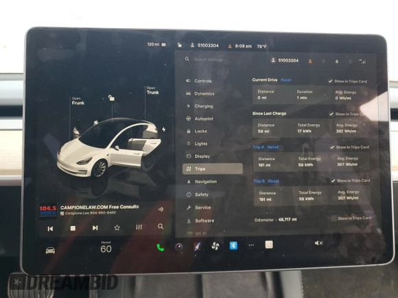 2023 Tesla Model 3 z VIN 5YJ3E1EA2PF439119, wystawiony jako Copart lot #60708065 z przebiegiem 48 717 mil mil oraz Nie do naprawy • Non repairable. Historia ofert i sprzedaży dostępna na DreamBid. Obrazek 9.
